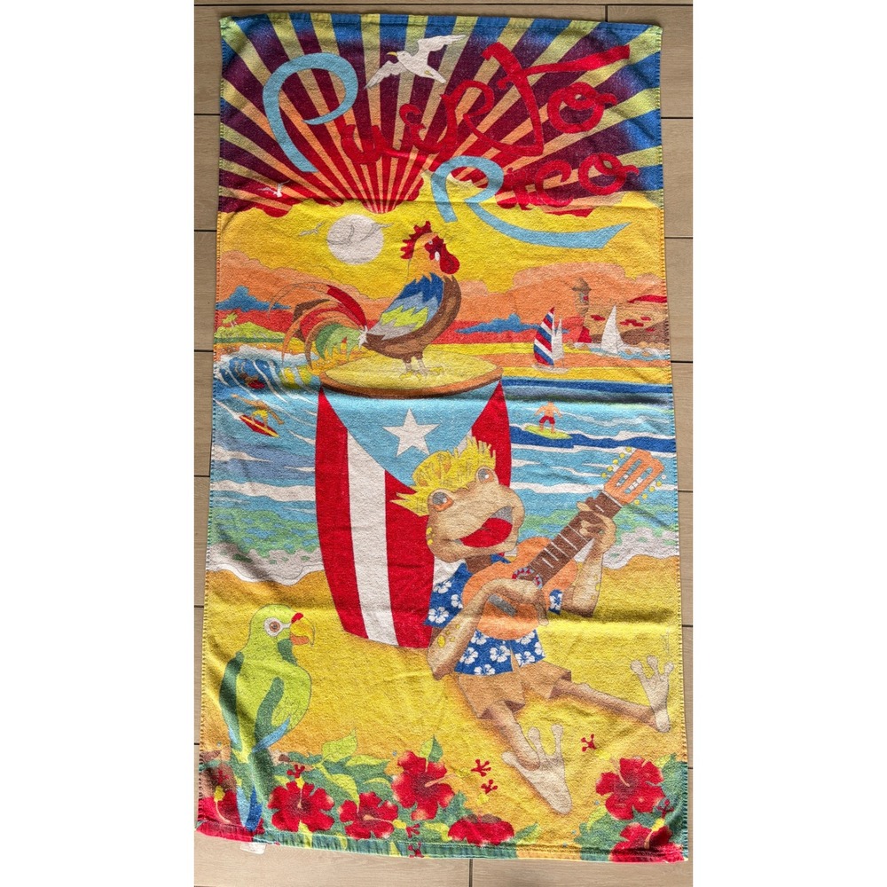 Vintage Puerto Rico Beach Towel Coqui Frog Rooster Parrot Tropical 29x52 Island